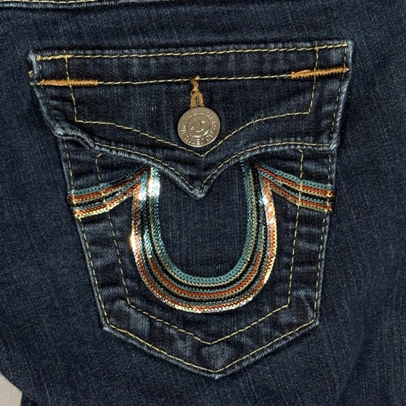 True Religion Section Straight Jeans Womens 28 Dark Wash Sequin Flap Pocket USA - Picture 10 of 14
